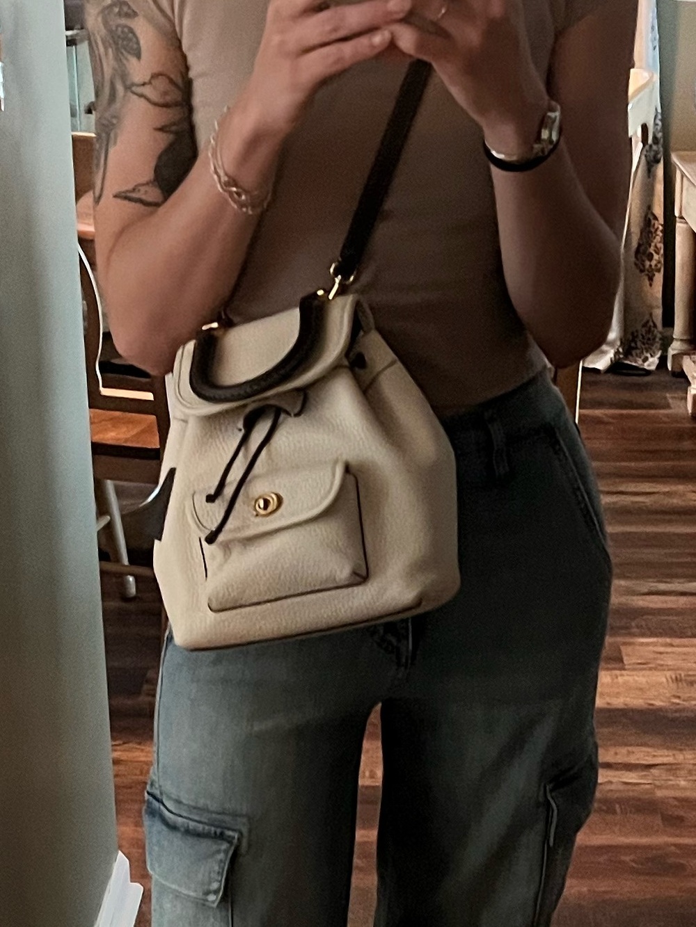 Coach Riya 21 Pebbled Leather Drawstring Bag in Cream with Brown Trim - Picture 16 of 16